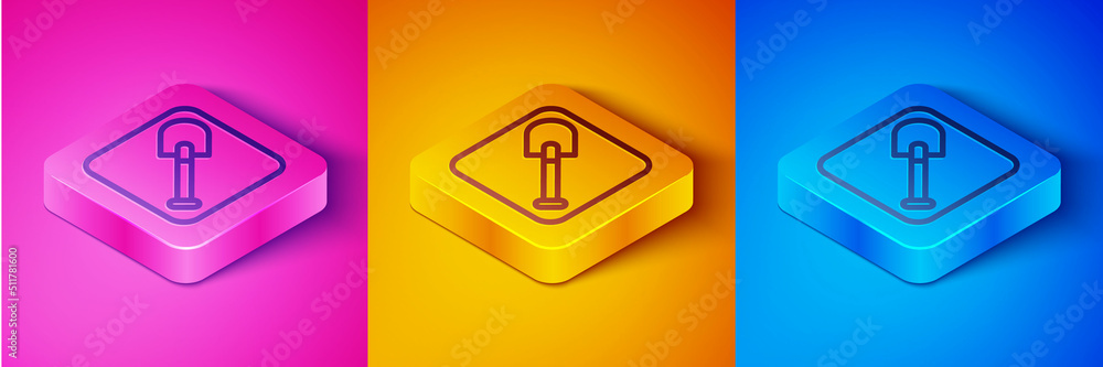 Isometric line Shovel icon isolated on pink and orange, blue background. Gardening tool. Tool for ho