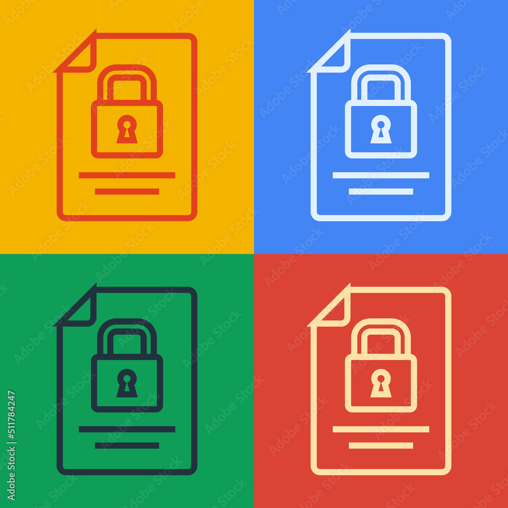 Pop art line Document and lock icon isolated on color background. File format and padlock. Security,