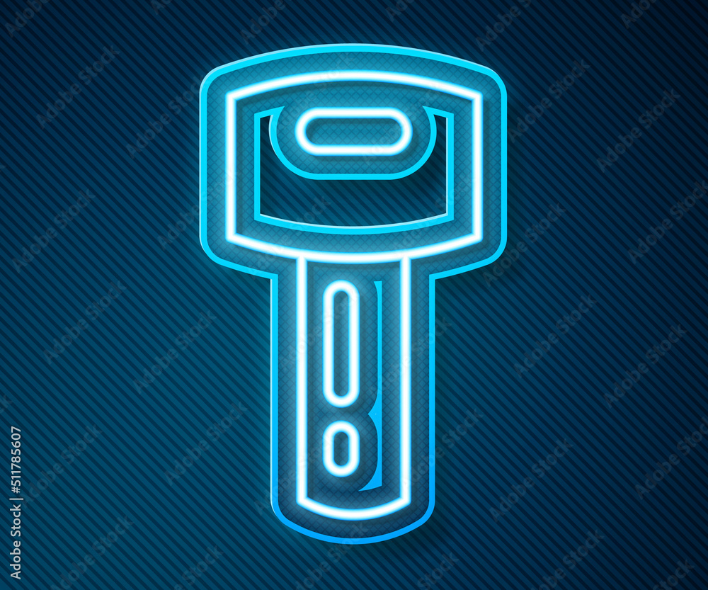 Glowing neon line Car key with remote icon isolated on blue background. Car key and alarm system. Ve