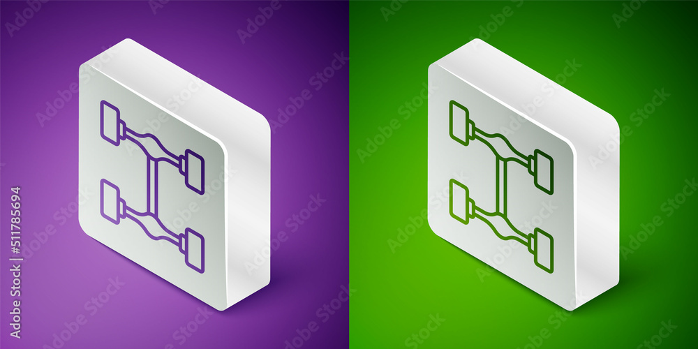 等距线底盘汽车图标隔离在紫色和绿色背景上。银色方形按钮。Vecto