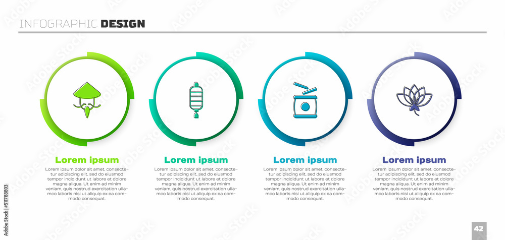 套装亚洲或中国圆锥形草帽、纸灯笼、鼓和莲花。商业信息图t