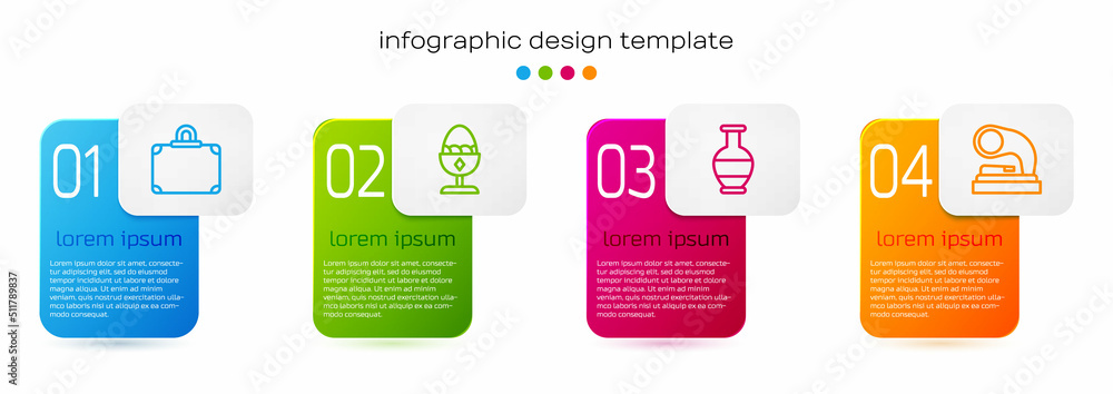 Set line Suitcase, Chicken egg on stand, Ancient amphorae and Old gramophone. Business infographic t