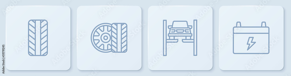 设置线路汽车轮胎轮，维修电梯上的汽车，以及电池。白色方形按钮。矢量