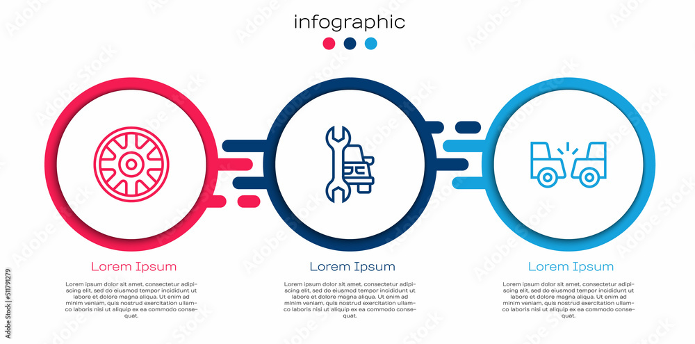 Set line Alloy wheel for car, Car service and accident. Business infographic template. Vector