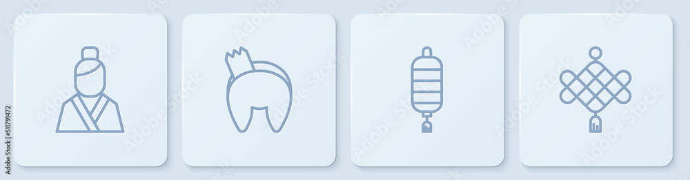 Set line Asian woman, Chinese paper lantern, fortune cookie and . White square button. Vector