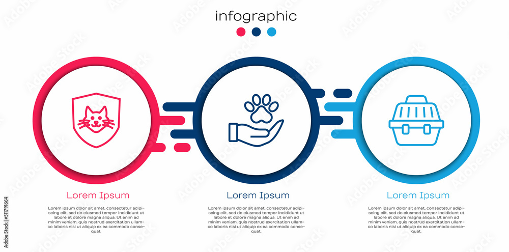 Set line Animal health insurance, Hands with animals footprint and Pet carry case. Business infograp