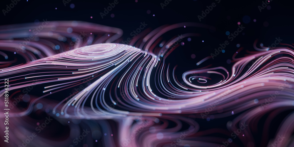 Wave particles lines with swirling pattern, 3d rendering.