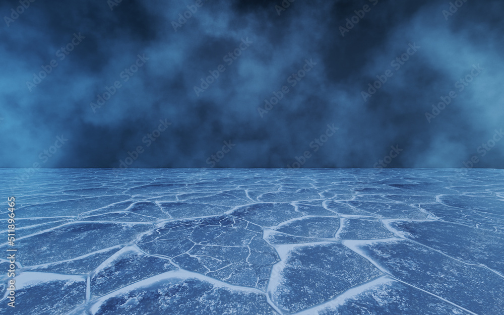 Dark scene with ice ground surface, 3d rendering.