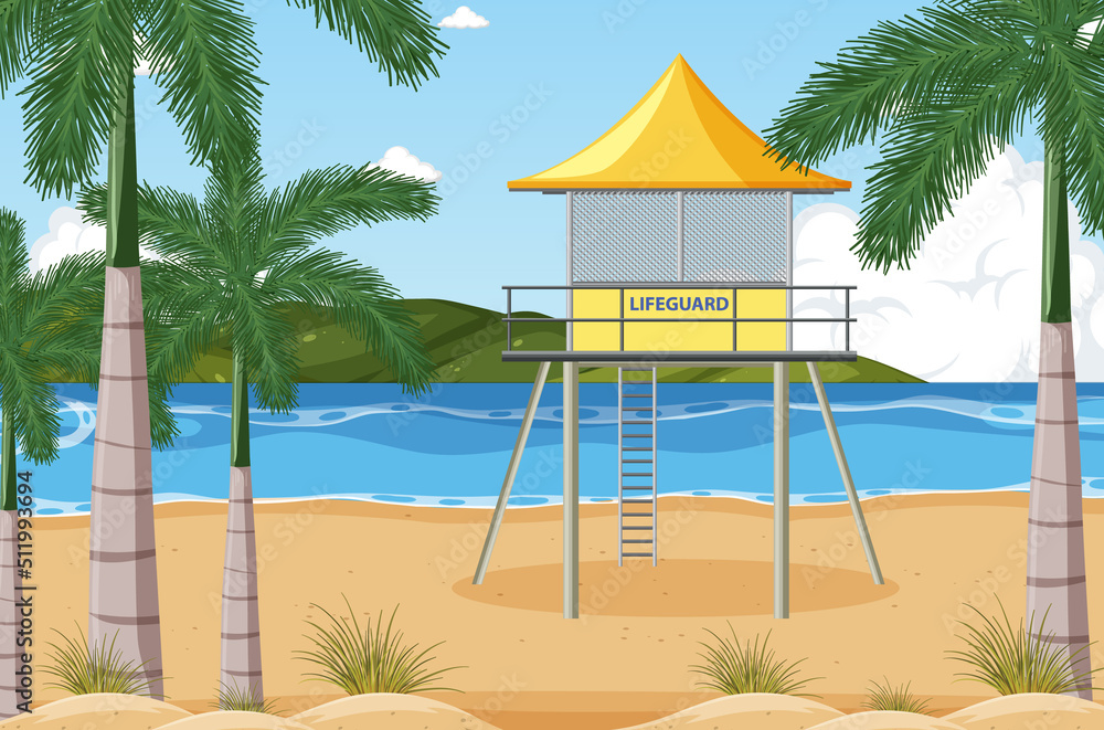 Beach scene with lifeguard tower