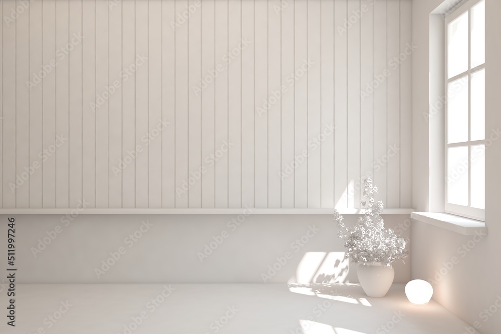 White empty room. Scandinavian interior design. 3D illustration