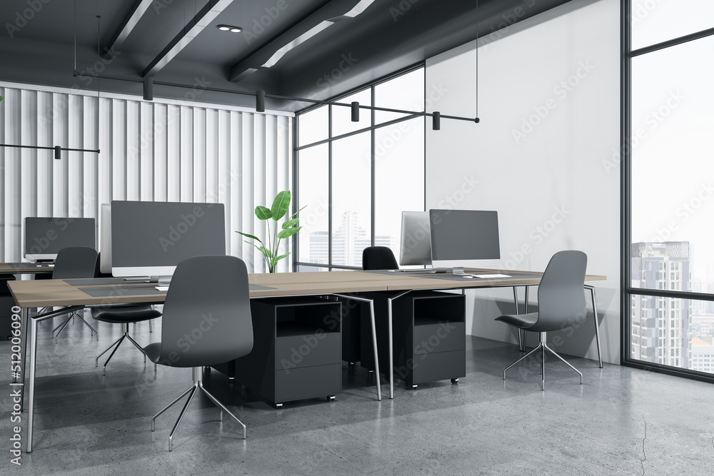 Perspective view on modern interior design coworking office with dark grey chairs, concrete floor, w