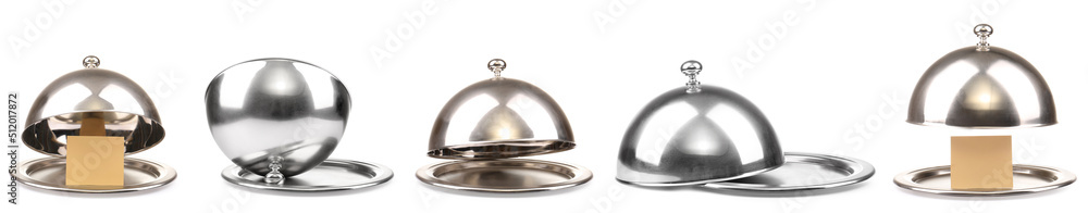 Set of tray and cloche on white background