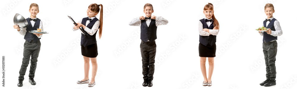 Set of cute little waiters on white background