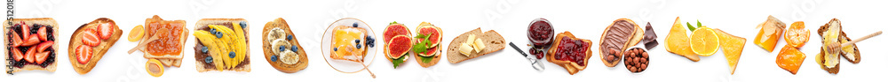 Set of tasty toasted bread with sweet jam, fresh fruits, chocolate paste, butter and honey on white 