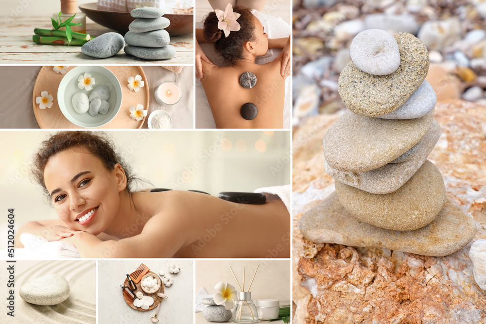 Beautiful spa collage with young women, massage stones and cosmetics