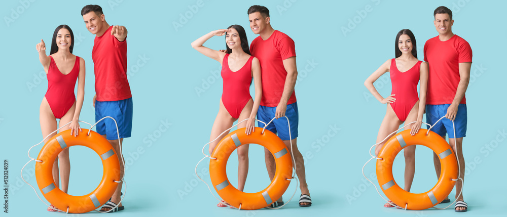 Set of beach rescuers on light blue background