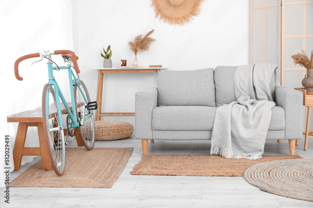 Comfortable sofa and bicycle in stylish living room interior