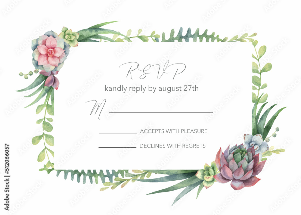 Watercolor vector hand painted wedding invitation card template.