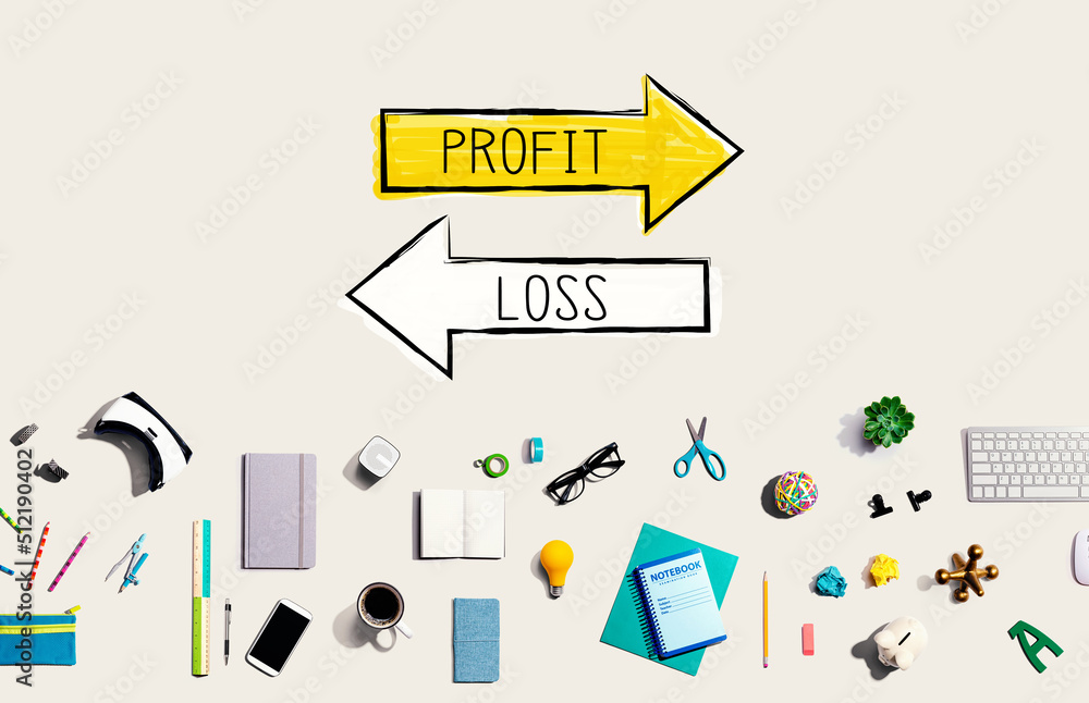 Profit or loss with collection of electronic gadgets and office supplies