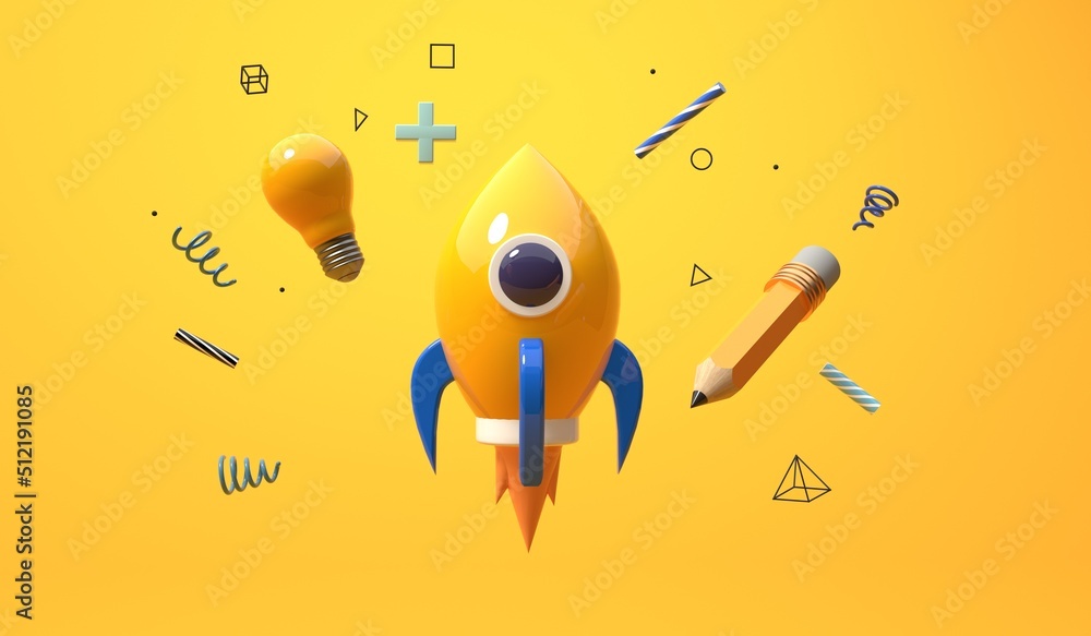 Education and school theme with a rocket and a lightbulb - 3D render