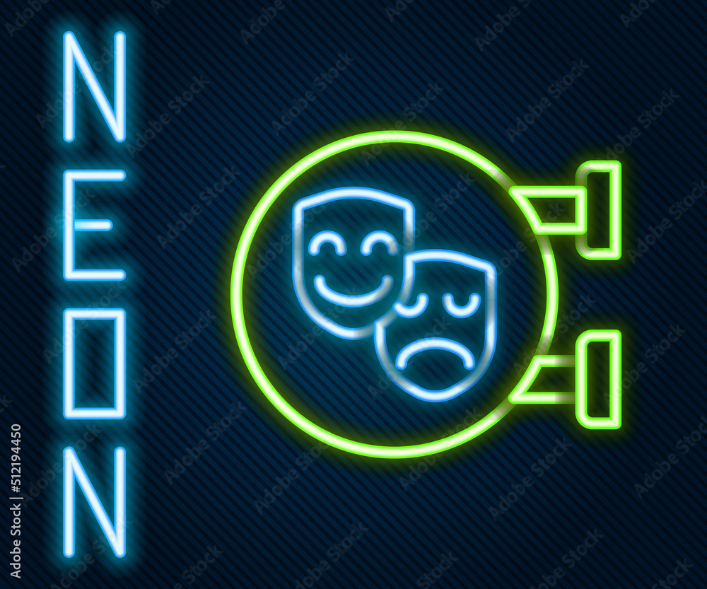 Glowing neon line Comedy and tragedy theatrical masks icon isolated on black background. Colorful ou