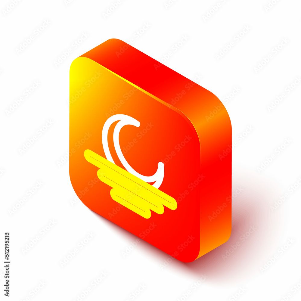 Isometric line Sunset icon isolated on white background. Orange square button. Vector