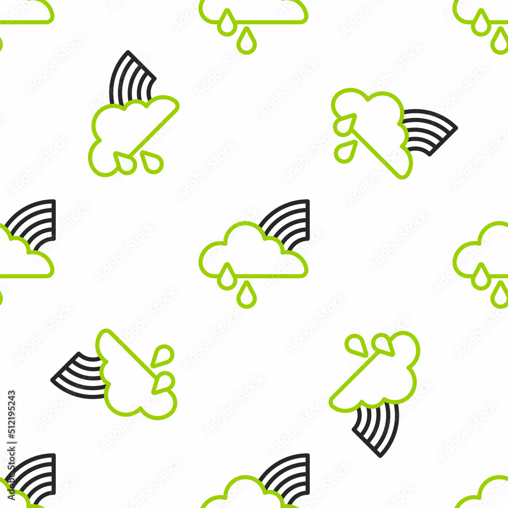 Line Rainbow with cloud and rain icon isolated seamless pattern on white background. Vector