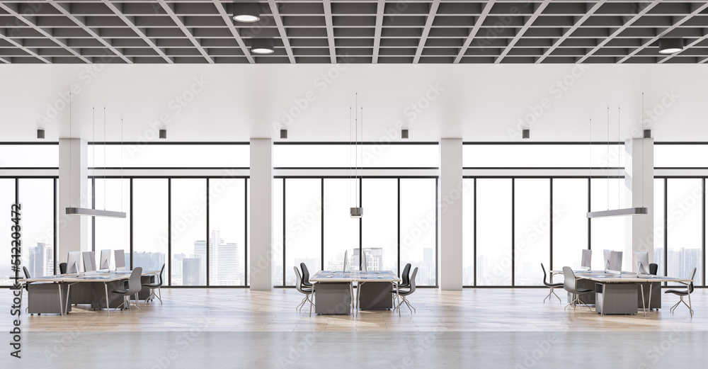 Side view on modern workplaces with dark chair and wooden tables on light glossy floor and city view