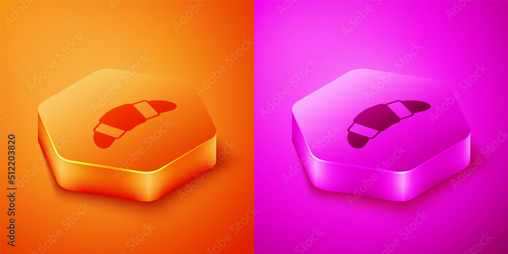 Isometric Croissant icon isolated on orange and pink background. Hexagon button. Vector