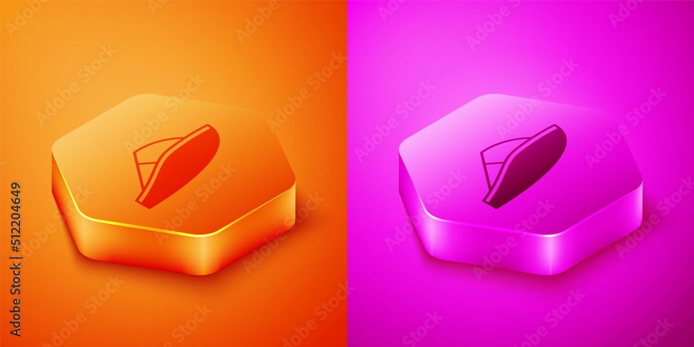 Isometric Speedboat icon isolated on orange and pink background. Hexagon button. Vector