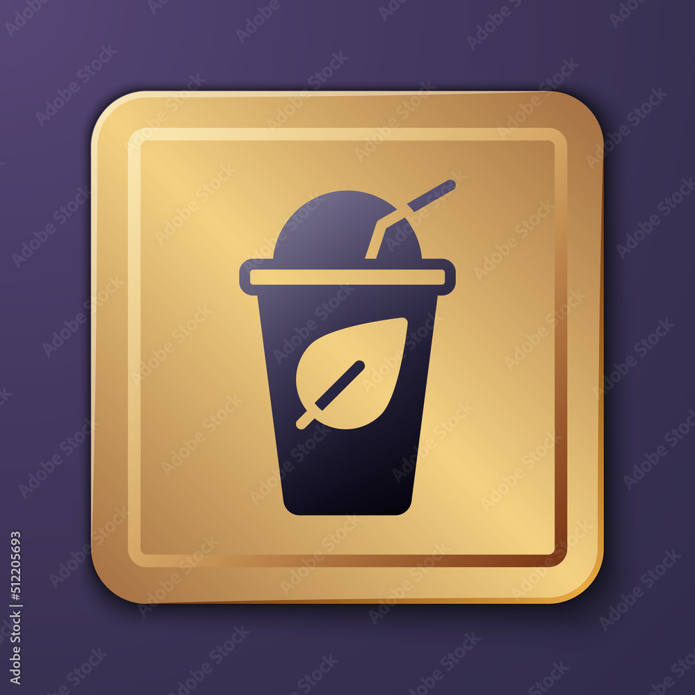 Purple Cup of tea with leaf icon isolated on purple background. Sweet natural food. Gold square butt