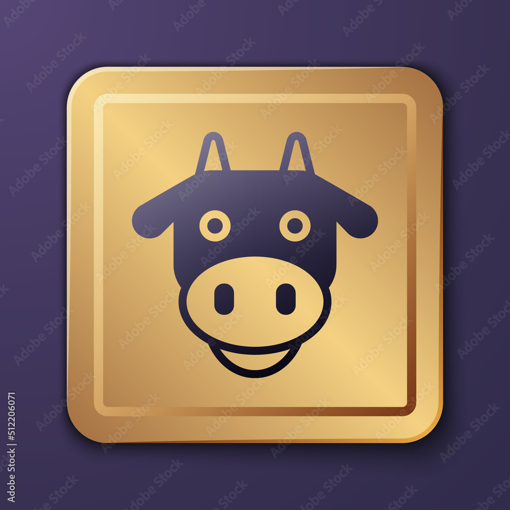 Purple Cow head icon isolated on purple background. Gold square button. Vector