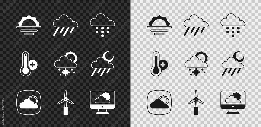 日出，有雨的云，天气预报，风力涡轮机，气象温度计和雪和s