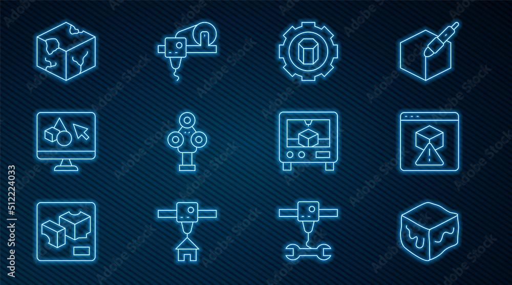 设置线等轴测立方体、3D打印机、设置、扫描仪、软件和图标。矢量