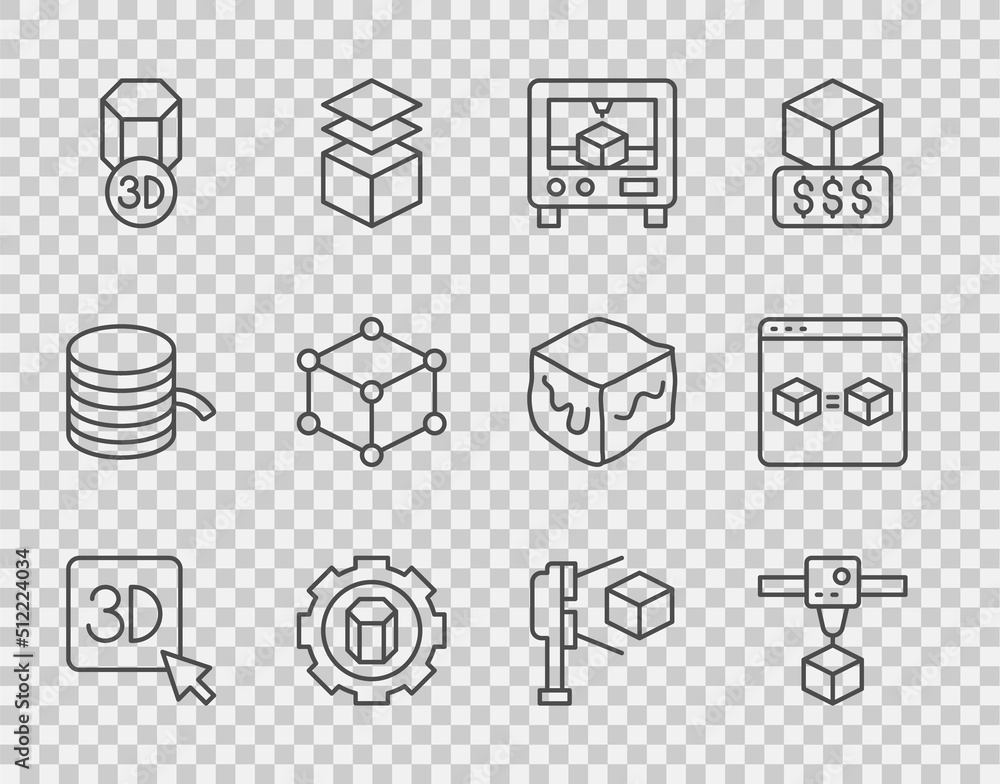 设置行3D打印机、立方体、设置、等距、带完美复制图标的扫描仪。矢量