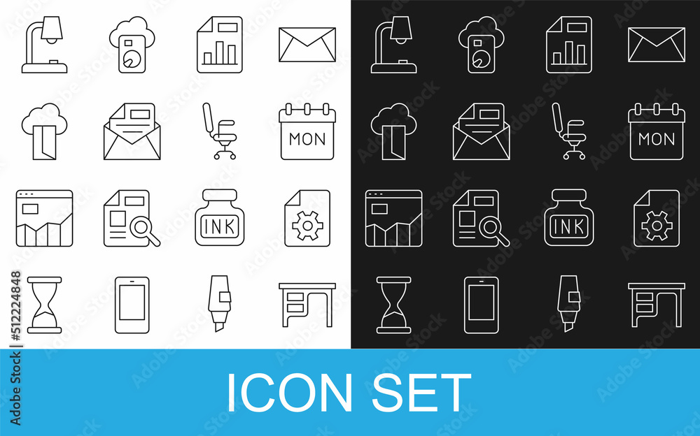 Set line Office desk, Document settings, Calendar, with graph chart, Mail and e-mail, Cloud database