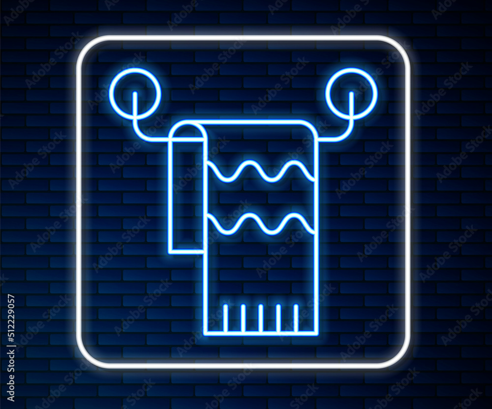 闪闪发光的霓虹线衣架上的毛巾图标隔离在砖墙背景上。浴室毛巾图标。Vecto