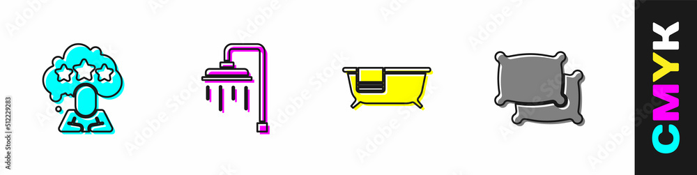 Set Five stars rating review, Shower, Bathtub and Pillow icon. Vector