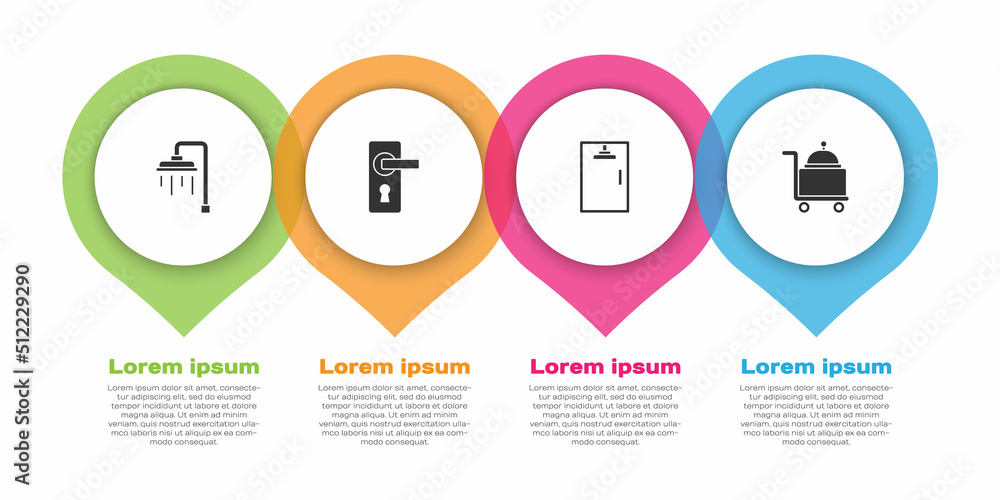 Set Shower, Door handle, cabin and Covered with tray. Business infographic template. Vector