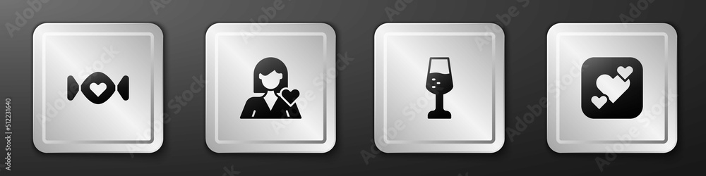 Set Candy, Romantic girl, Glass of champagne and Heart icon. Silver square button. Vector