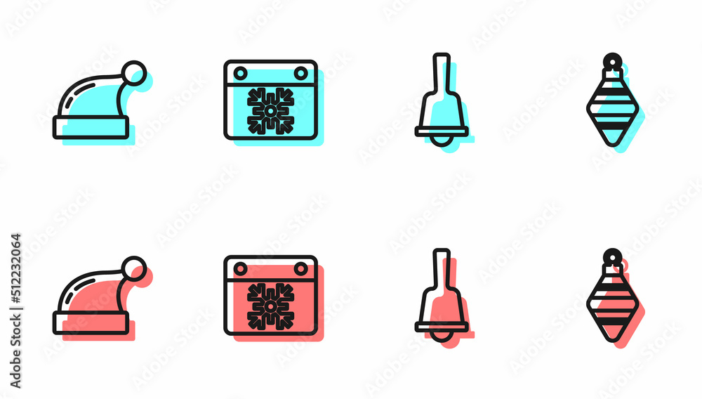 设置行圣诞快乐铃声、圣诞老人帽、日历和球图标。矢量