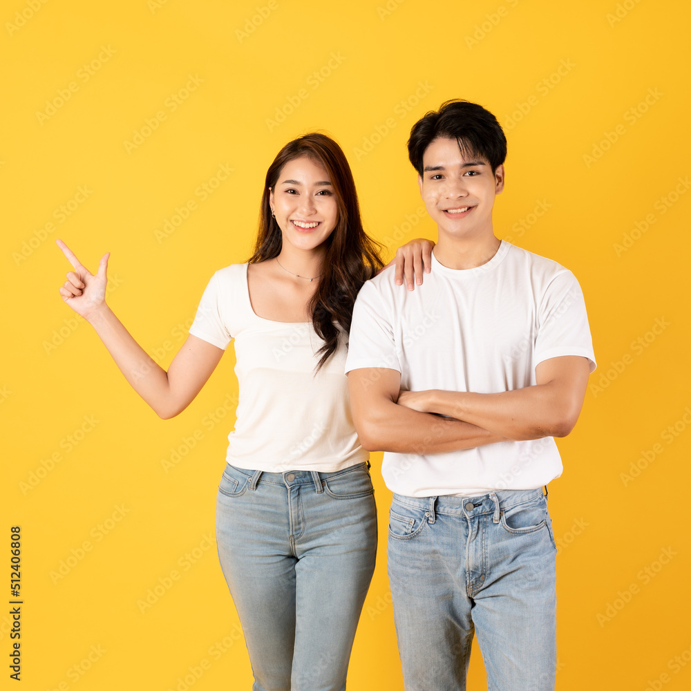 couple, isolated, yellow, asian, beautiful, smart, white, jeans, together, two, love, teenage, girlf