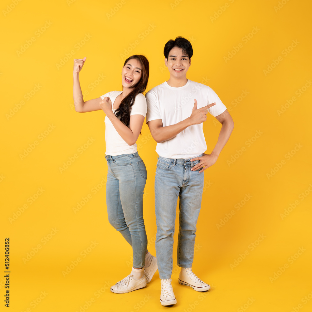 couple, isolated, yellow, asian, beautiful, smart, white, jeans, together, two, love, teenage, girlf