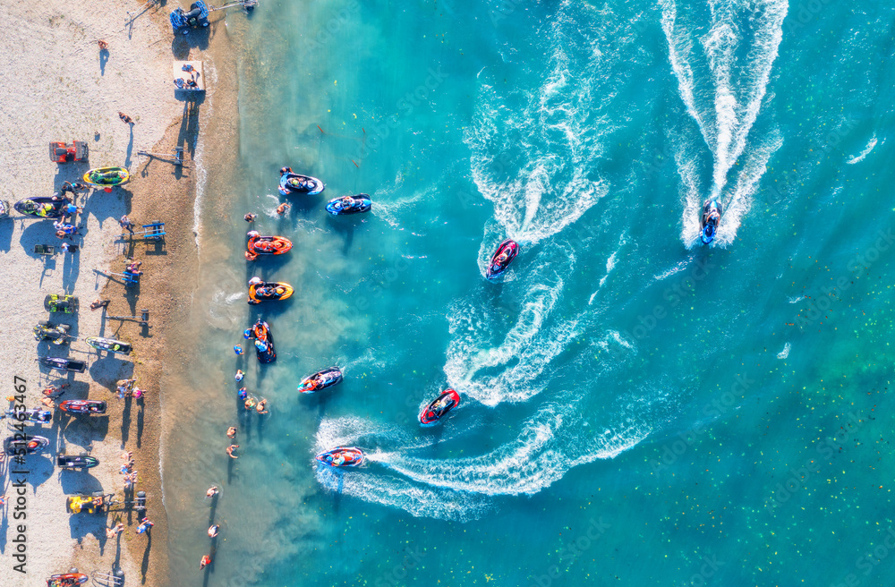 Aquabike championship on Jarun lake, Zagreb Croatia. Aerial view of the speed watercrafts in clear b