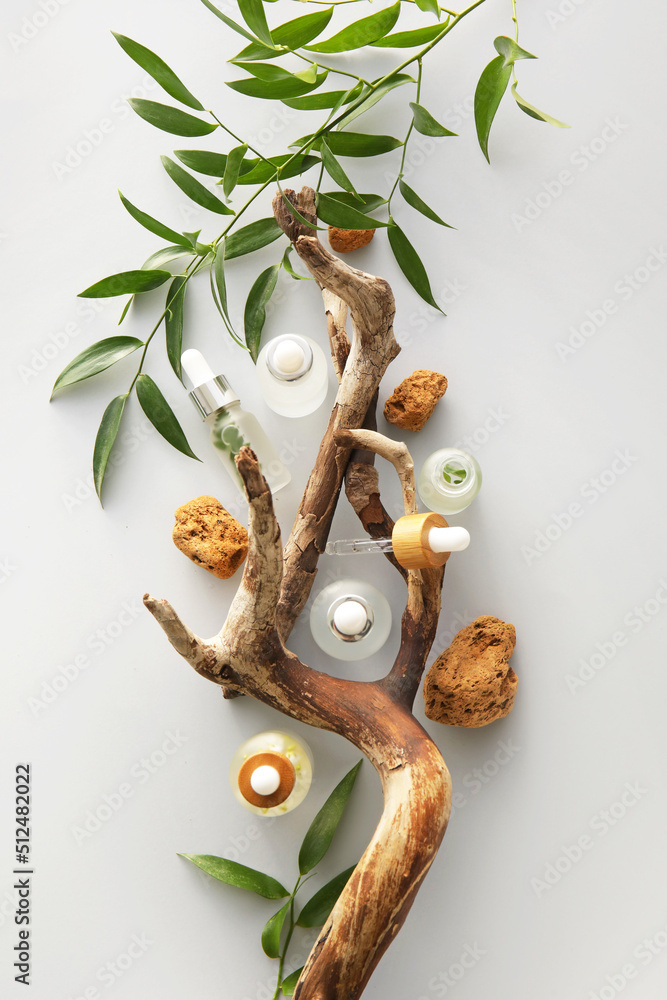 Bottles of natural serum, stones and tree branches with plant leaves on light background