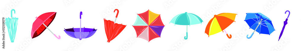 Many colorful umbrellas on white background