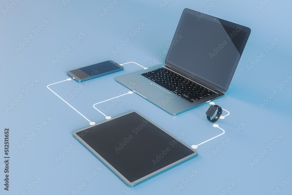 Wireless connection and cloud data exchange concept with perspective view on modern laptop, smartpho