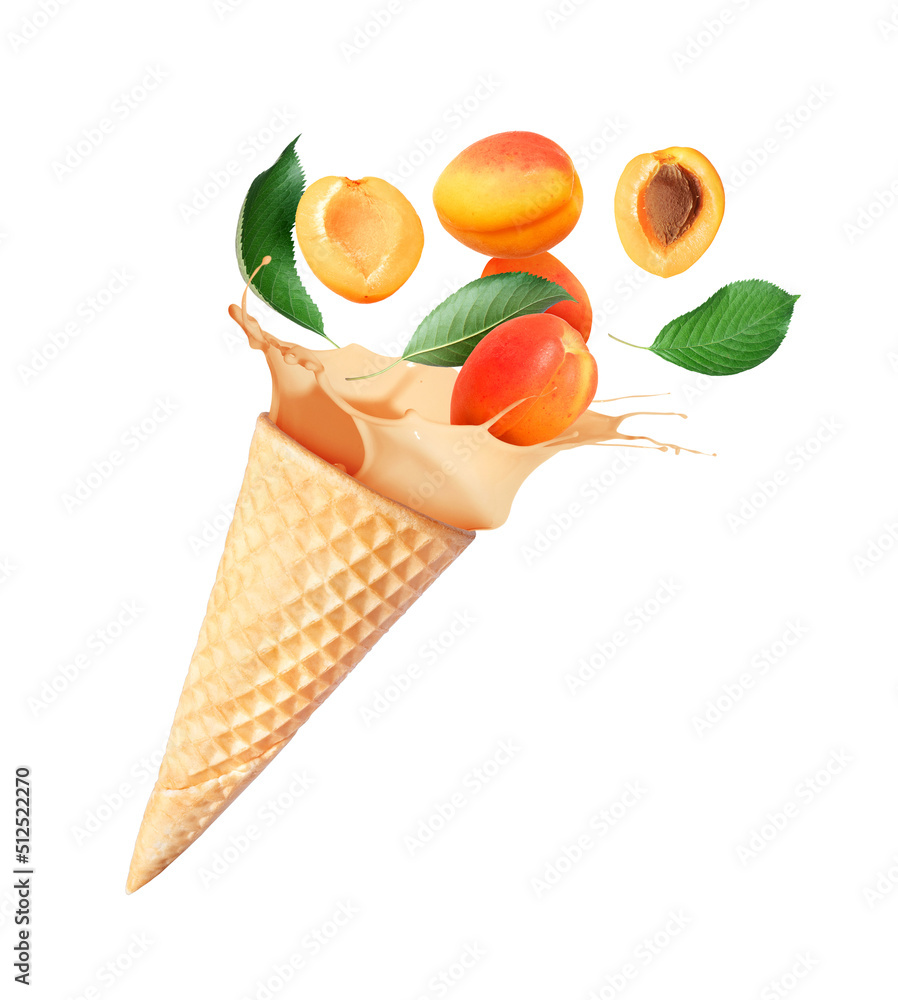 Splashes of ice cream with apricots isolated on a white background