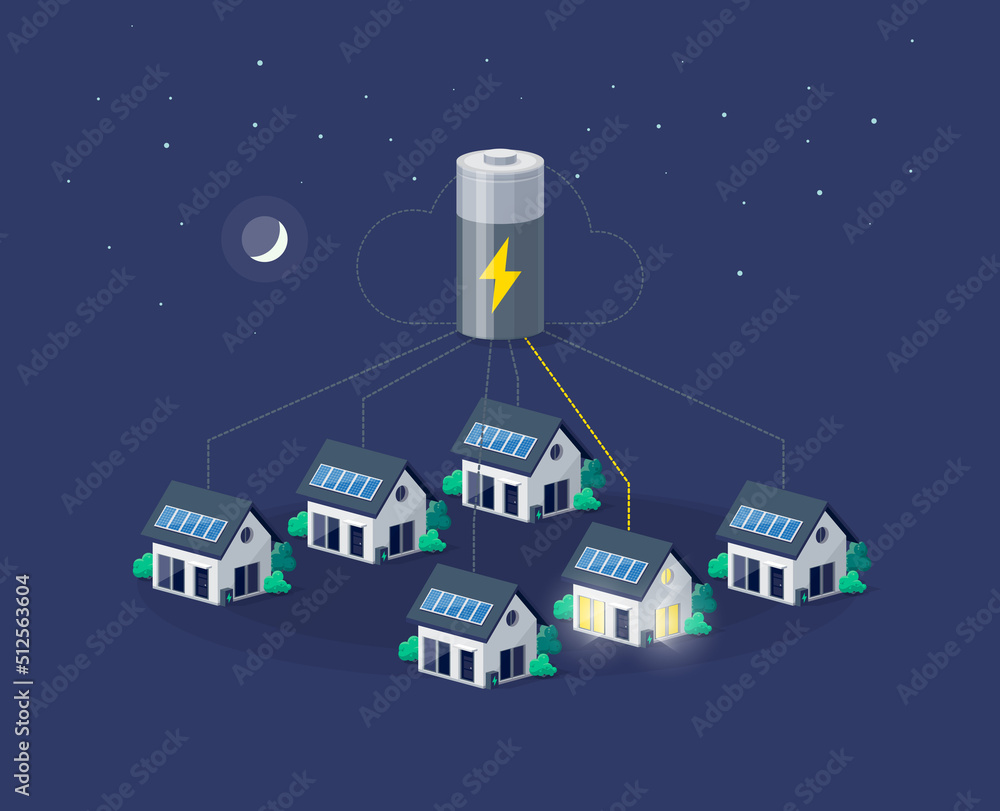 Virtual power plant battery energy storage powering homes at night. Residential house photovoltaic s