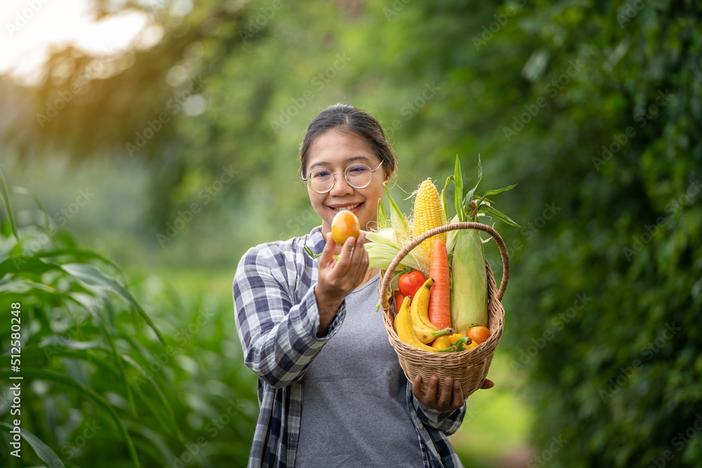 Beautiful young brunette Portrait Famer Woman hand holding Vegetables in the bamboo basket on green 